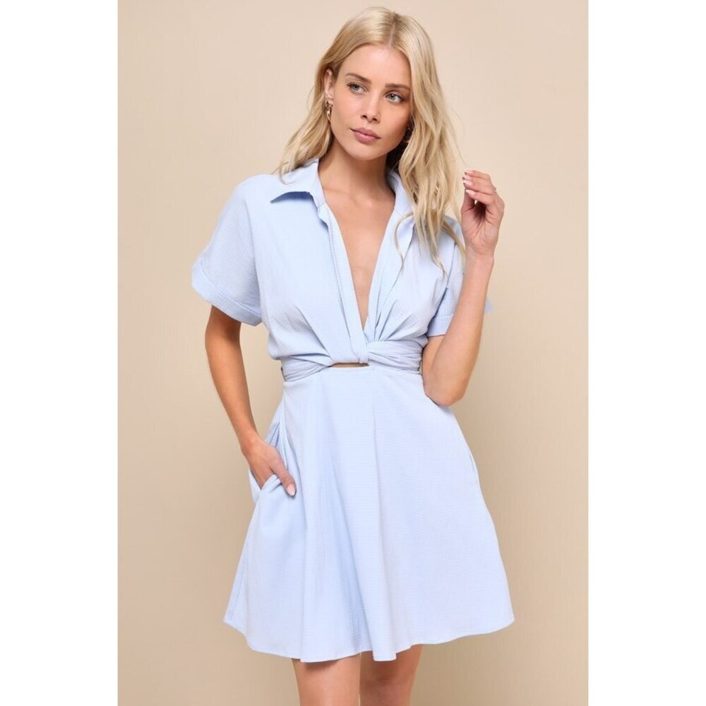 Lulus Breeze By Light Blue Tie-back Mini Dress With Pockets - Size M